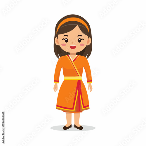 Cartoon illustration of a young woman in an orange kimono style dress smiling at the viewer