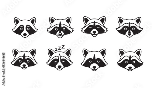 Set of Raccoon Face Emoticons Showing Different Emotions Vector Icons