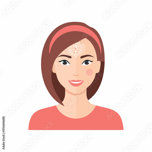 Woman smiling with a decorative forehead design, portrait illustration.