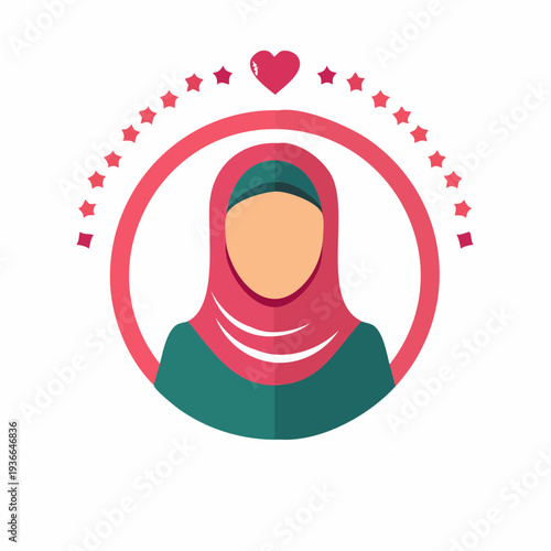 Illustration of woman wearing hijab with red circle, stars and heart icon
