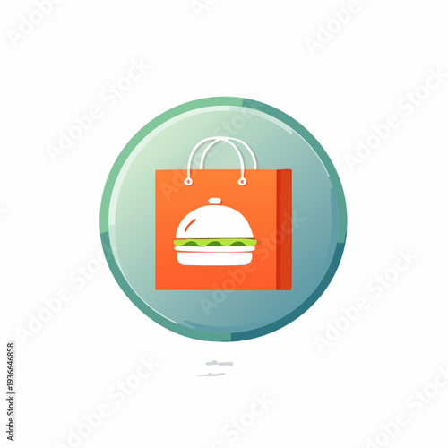 Burger takeout bag illustration within a round frame for food delivery or online ordering