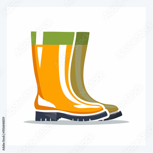 Illustration of yellow and brown rubber boots in side-by-side arrangement