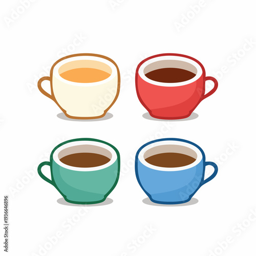 Set of colorful cartoon coffee cups with various hot beverages, design elements