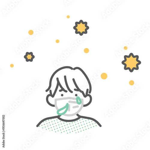 シンプル　イラスト　花粉症で鼻水が出ているマスク姿の子供のイメージ ベクターイラスト