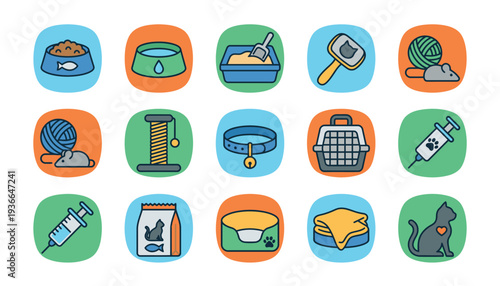 Pet care icons set with various accessories and animals.
