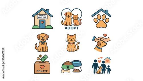 Animal Shelter Adoption Icons Set for Charity and Donation.
