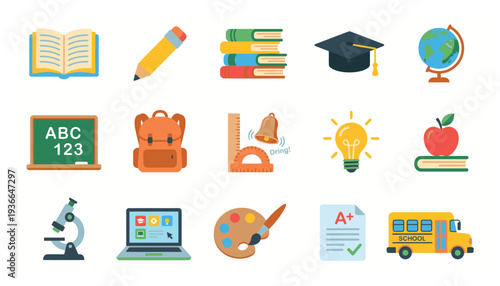 Education icons set including school supplies and learning symbols.