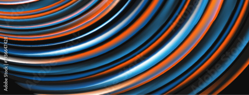 Abstract lines create dynamic visual flow. Orange, blue hues dominate composition. Smooth curves suggest movement, depth. Modern design element.