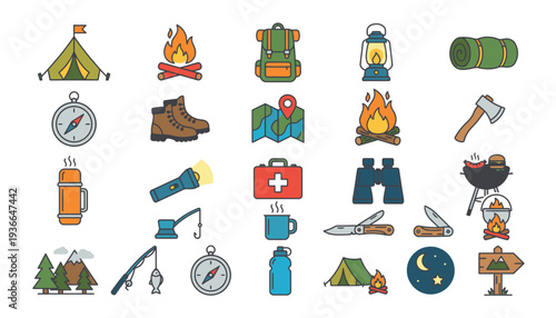 Camping and Hiking Icons Set for Outdoor Adventures.