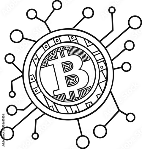 Bitcoin Cryptocurrency Network Line Icon – Digital Blockchain Technology Vector