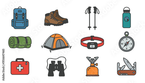 Camping and Hiking Essentials Icons Set.