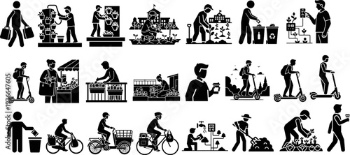 Urban sustainability pictograms featuring vertical gardens community farming and recycling