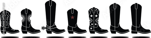 Cowboy boots icons set, western footwear, leather shoes, star design, flame stitching, spur boot, country style, silhouette collection, fashion