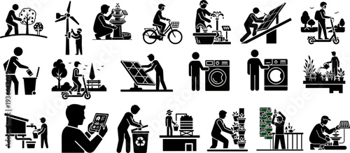 Sustainable living icon set showing renewable energy gardening recycling and eco transport