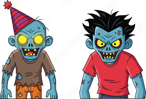 Scary Halloween character collection featuring creepy jester clowns with pumpkins, muscular undead zombies, spooky female ghouls on chairs, and zombie school teacher with student isolated.