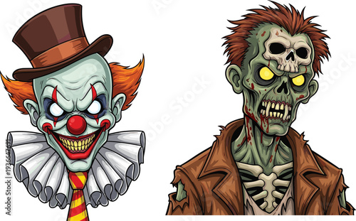 Scary Halloween character collection featuring creepy jester clowns with pumpkins, muscular undead zombies, spooky female ghouls on chairs, and zombie school teacher with student isolated.