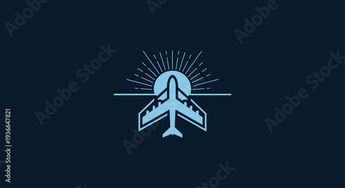 Airplane Line Icon with Sunburst Minimal Aviation Symbol