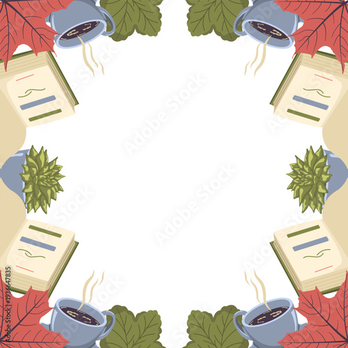 Vector postcard with an open book and a cup of tea. Colored composition for school, library and coffee shop with copy space. World Book Day.