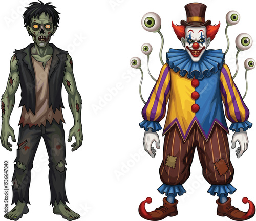Scary Halloween character collection set featuring creepy jester clowns with pumpkins, muscular undead zombies, and spooky green ghouls standing on chairs isolated on white.