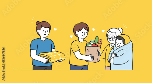Volunteers Helping Elderly Woman with Groceries and Blanket Vector Illustration