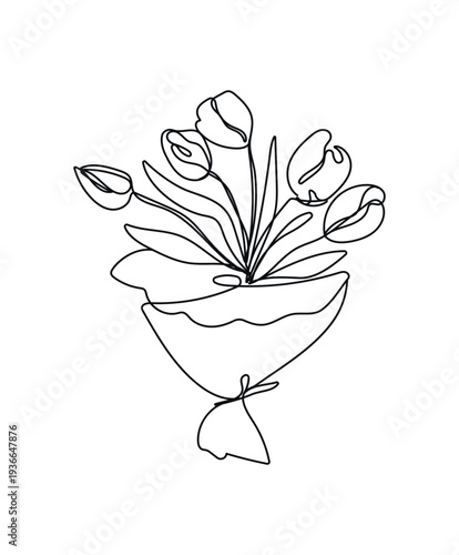 Mother's Day tulip line art with flowing continuous drawing. Elegant floral bouquet outline illustration perfect for greeting cards, posters, gifts for moms. Isolated doodle vector illustration.