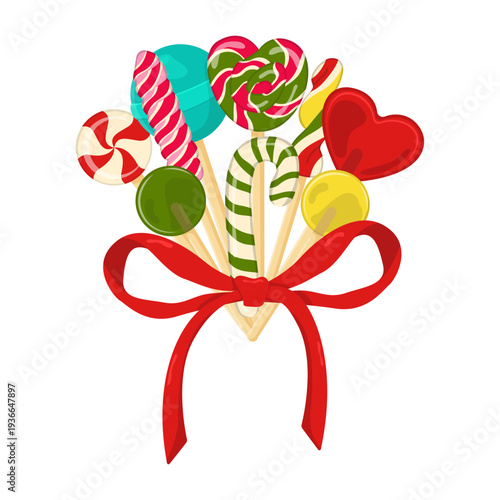 Vector postcard with a bouquet of lollipops. Colorful logo for  candy store or labels.