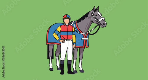 Jockey Standing with Race Horse Flat Vector Illustration
