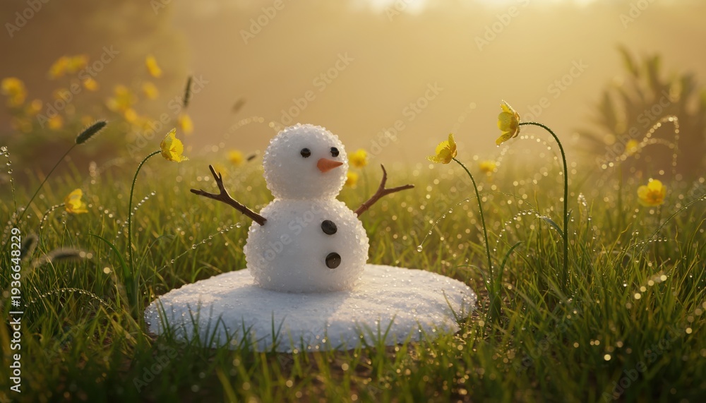 Obraz premium Snowman stands in a field surrounded by flowers on a sunny morning with dew on the grass and light shining through trees