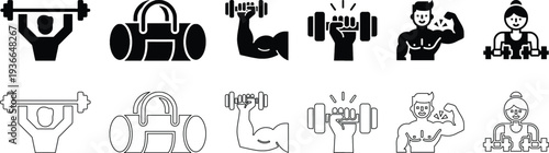 Gym fitness and bodybuilding icon set with weightlifting, workout equipment, and athletic person symbols for training and health.