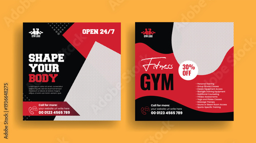 Modern gym fitness workout promotion design templates featuring social media post, square flyer poster layouts, banner ads and web banner marketing for personal trainer fitness club