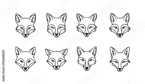 Multiple Fox Heads Line Art CollectionSimple Woodland Animal Illustration