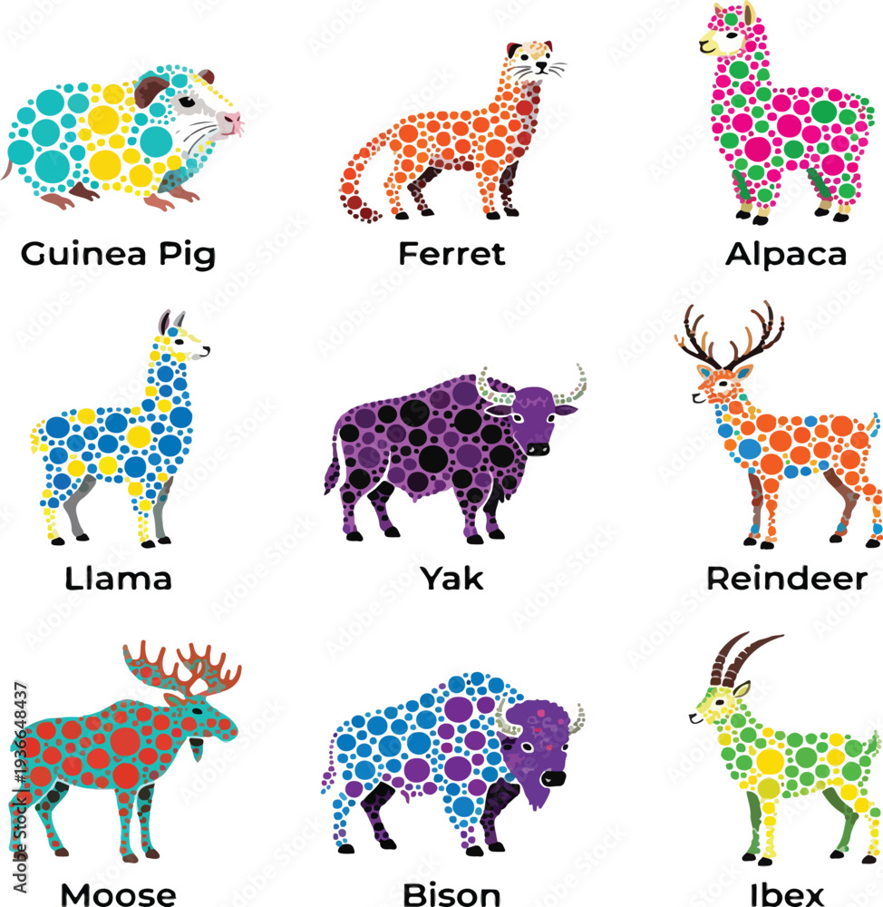 Naklejka premium Wild and Domestic Ruminant Collection:Flat Line Art of guinea pig, ferret, alpaca, llama, yak, reindeer, moose, bison, antelope, ibex and Icons.