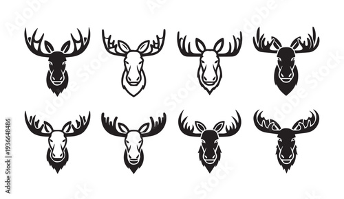 Moose Head Icons Set Antlers Silhouette Collection Wildlife Animal Vector Graphics