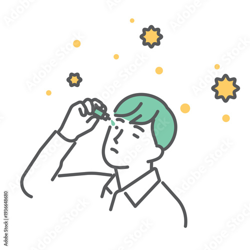 シンプル　イラスト　花粉症で目薬をさす男性と飛散する花粉のイメージ ベクターイラスト