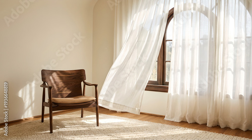 Hyper-tactile luxury interior corner featuring sheer linen curtains and wooden chair