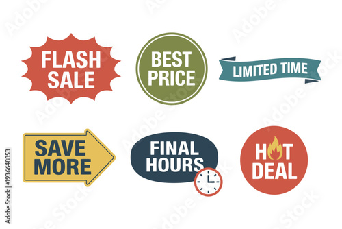 Sale and Discount Badges Vector Flash Sale, Best Price, Hot Deal Labels Illustration