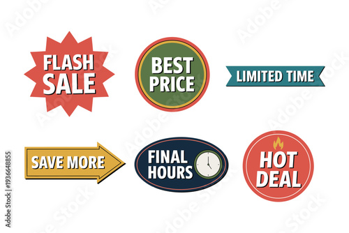 Sale and Discount Badges Vector Flash Sale, Best Price, Hot Deal Labels Illustration