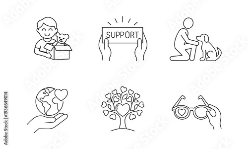 Charity, compassion, and global support icon set. Concepts of toy donation, holding a support sign, animal welfare, global care, philanthropy tree, and seeing the world with love through glasses in th