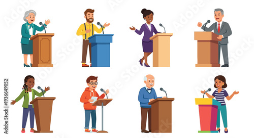 Diverse group of people giving presentations at podiums and speaking publicly