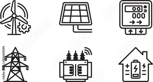 Energy Network, Smart Grid and Renewable Energy Infrastructure Minimalist Mono-line Icon Set Vector Illustration