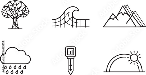 Environmental Modeling, Climate Change Simulation and Earth Science Data Minimalist Mono-line Icon Set Vector Illustration