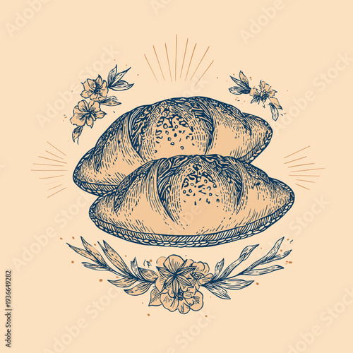 Vintage bakery logo with two baked patties and floral elements on beige background

