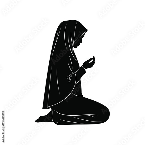 Muslim Woman Praying Silhouette in Hijab Black and White Vector