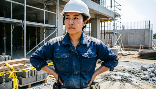 Empowered female architect wearing a hardhat and standing at a sun-drenched construction site.