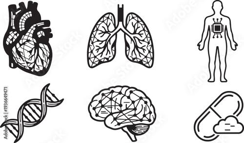 Healthcare Digital Twin, Personalized Medical Simulation and Biotech Data Modeling Minimalist Mono-line Icon Set Vector Illustration