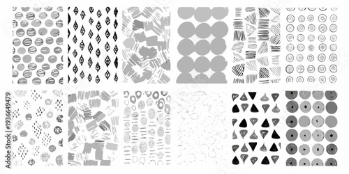Abstract gray pattern collection with diverse brushstroke and geometric shapes