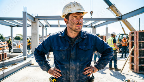 Dedicated male architect with a dusty face and hardhat working under the bright sun at a construction site.