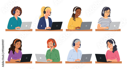 Diverse group of women working remotely with laptops and headsets