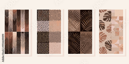 Four framed abstract art prints with botanical and geometric patterns