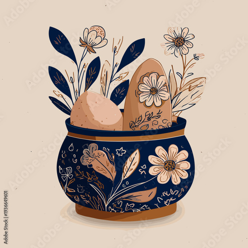 Floral design with decorative stones and plants in a ceramic pot